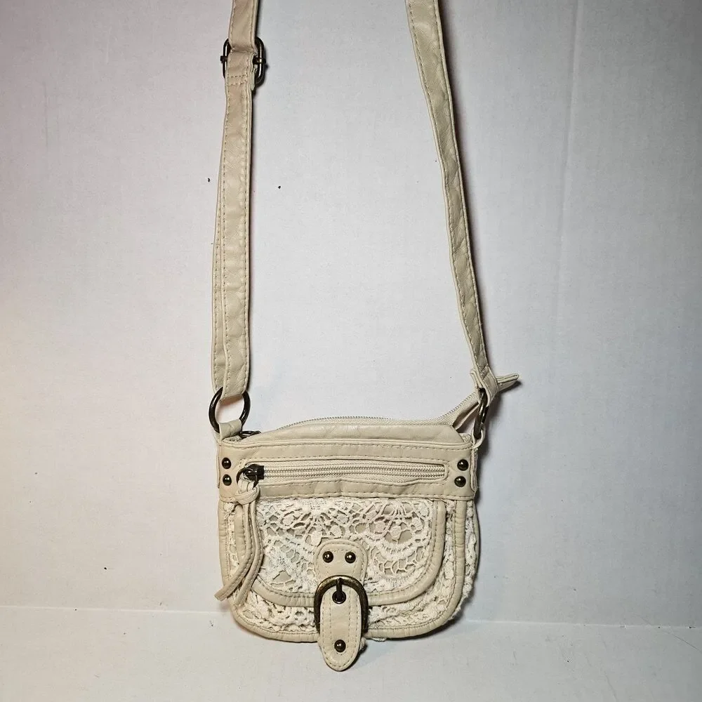 Mini Crossbody Purse Beige White Crochet Macreme Boho Chic Bohemian Hippie